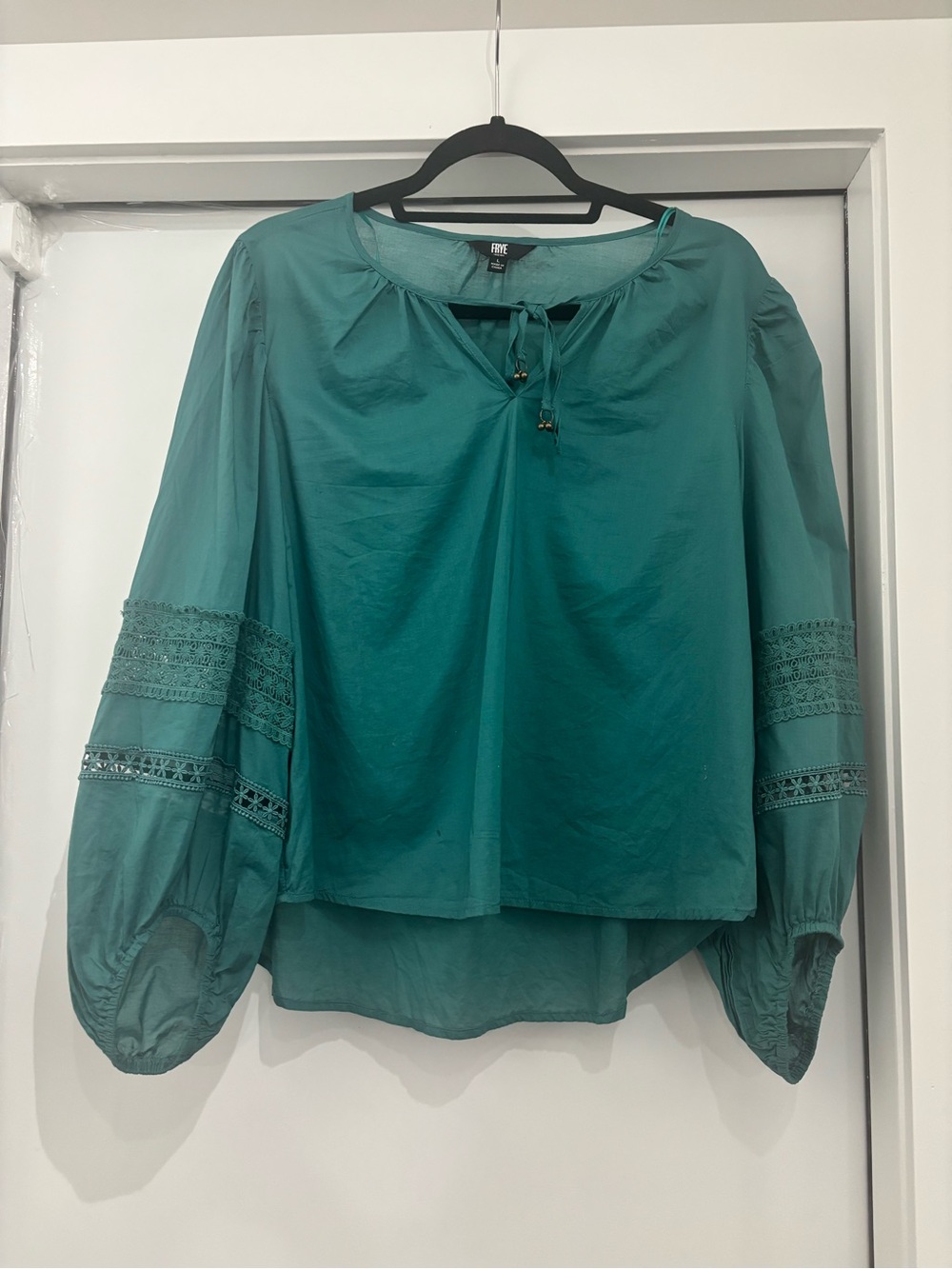 Frye Teal Boho Peasant Blouse Lace Balloon Sleeve Top Size L